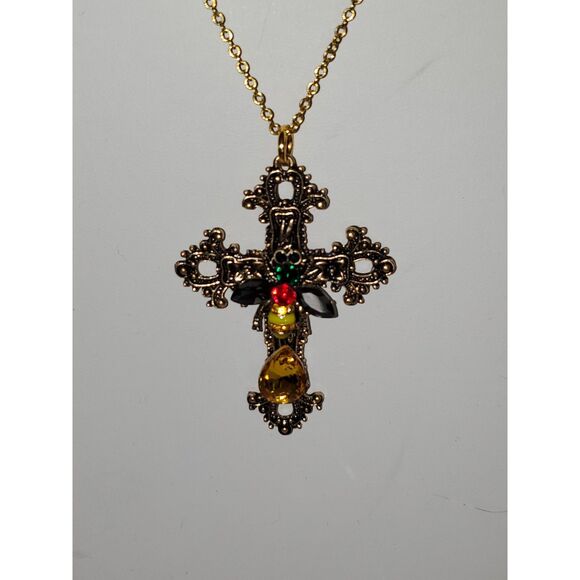 Artisan Filigree Cross Religious Gothic Steampunk Glass Bee Rhinestone Statement - Picture 3 of 10